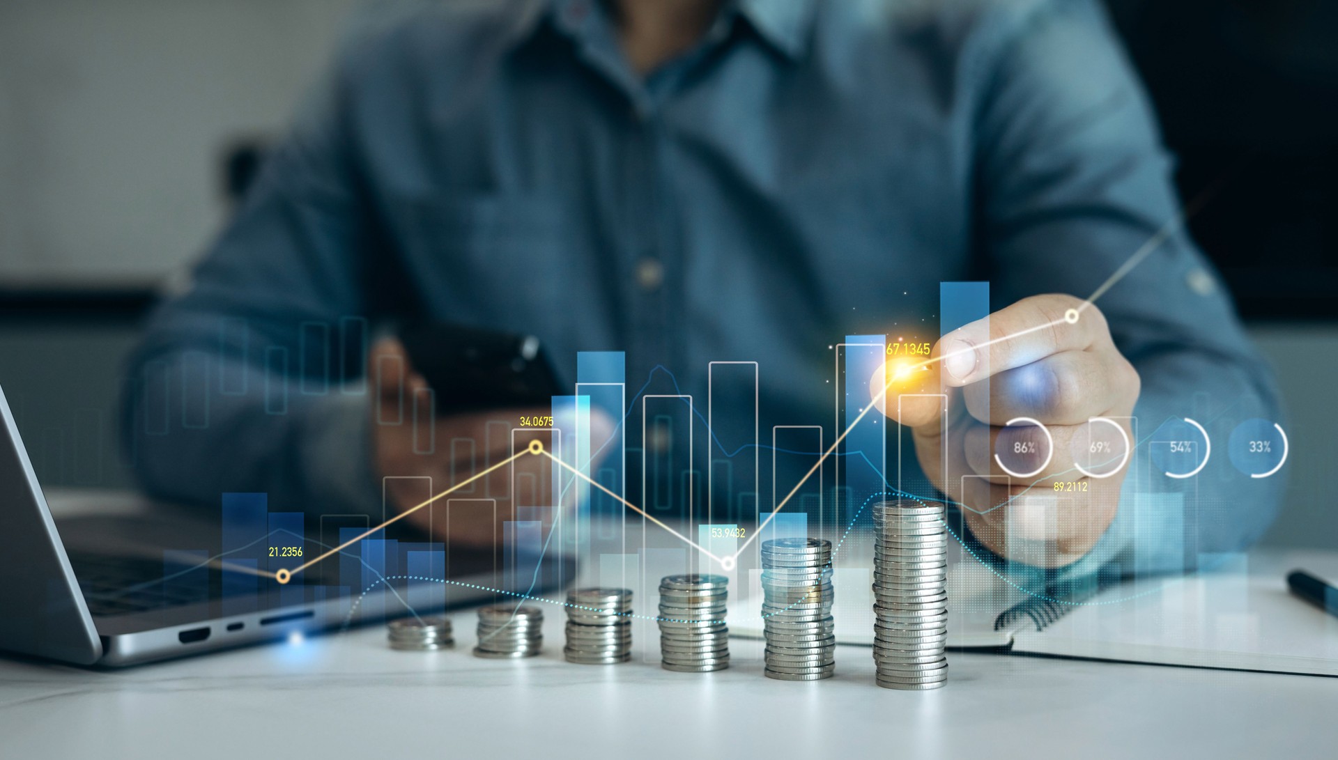 Saving money concept.Stack of coins with trading price graph growth.Money business financial graph diagram of coin. Financial growth data or investment market profit bar and success report.